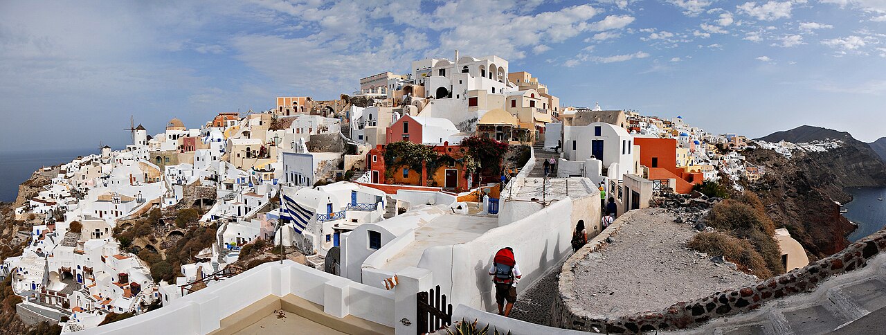 Whitewashed hillside buildings in Santorini, Greece